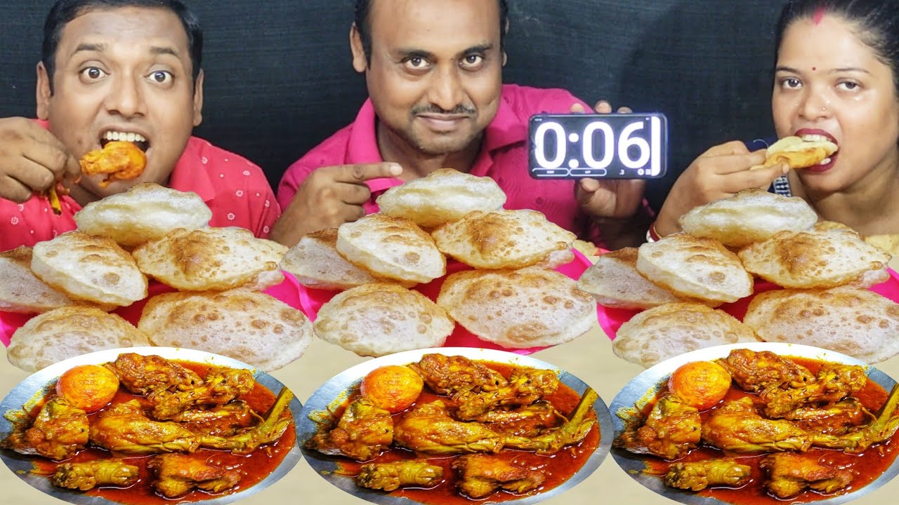 CHICKEN CURRY WITH PURI EATING CHALLENGE // LUCHI MANGSHO KHABAR CHALLENGE // food family & more