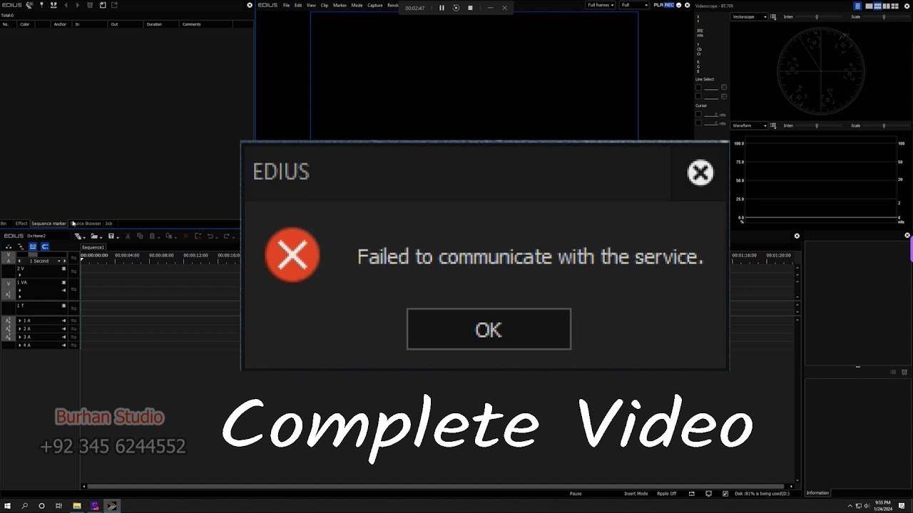 Error starting EDIUS X, Failed to communicate with the service Grass Valley