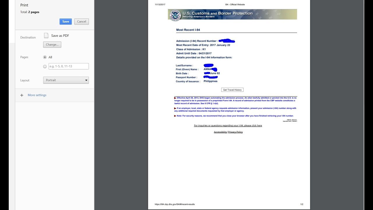 i94 :ARRIVAL/DEPARTURE RECORD (K1 VISA)