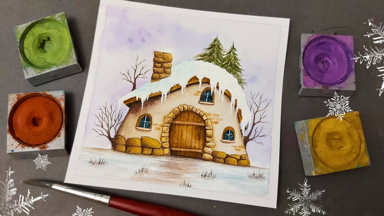 Painting a winter landscape with watercolors/ step by step tutorial on how to draw a hut in the snow