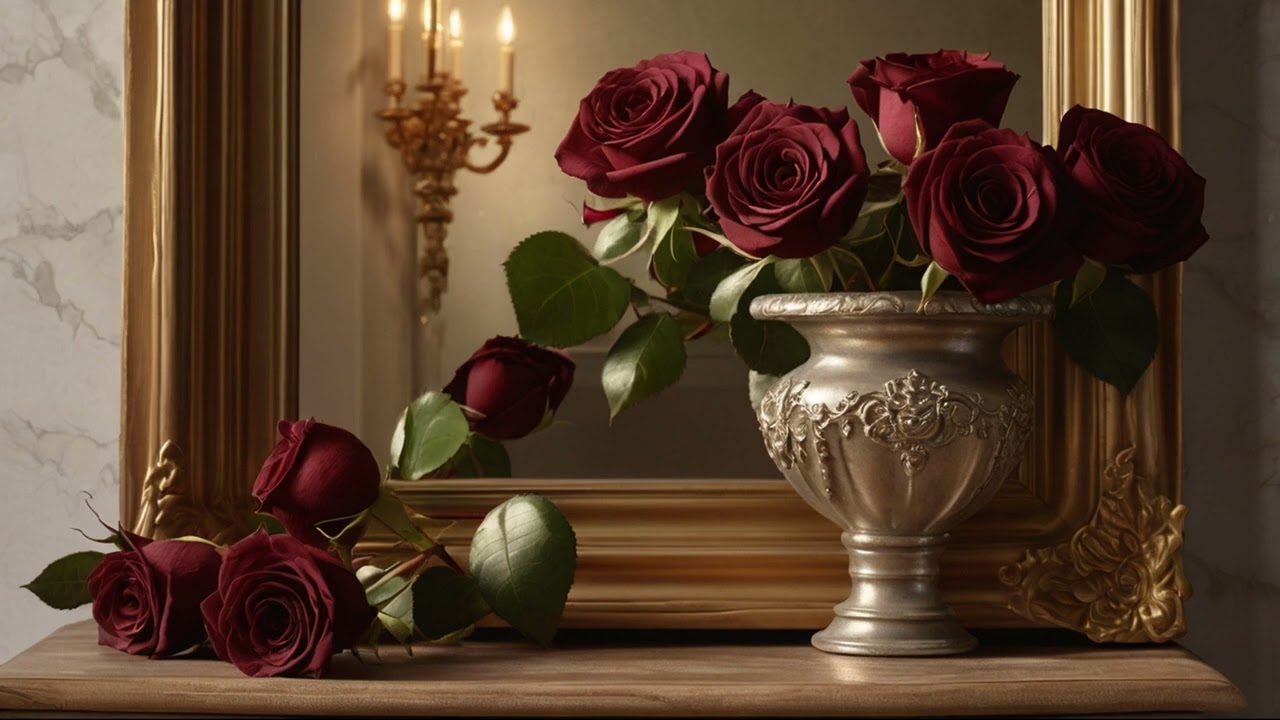 Burgundy Roses Flower Framed Vintage Oil Painting for TV | FRAME TV ART | Framed TV Art