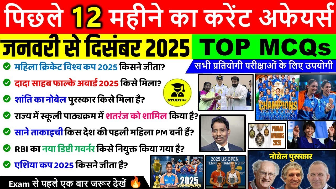 Last 12 Months Current Affairs 2025 (January - December 2025) | Monthly Current Affairs 2025 | SSC