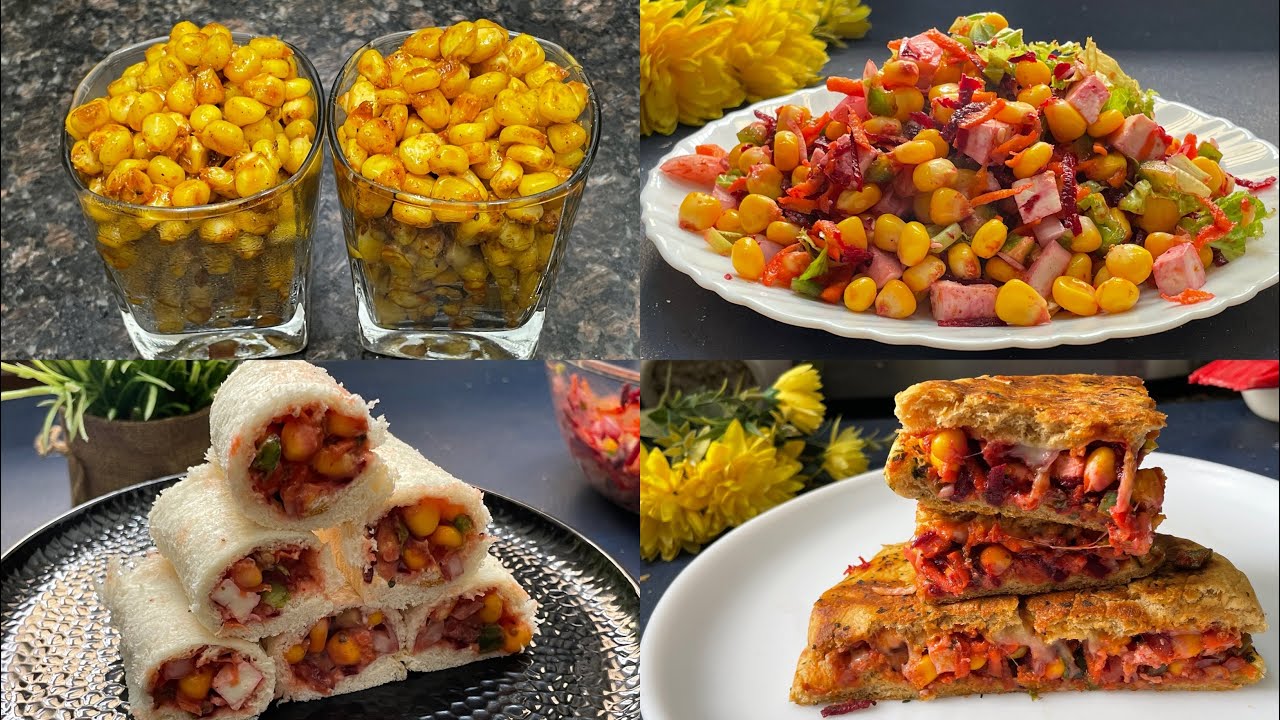 4 Instant Party Starters- Sweet Corn Recipes, Tiffin Recipes-Masala Corn- Sweetcorn Roll- Corn Salad