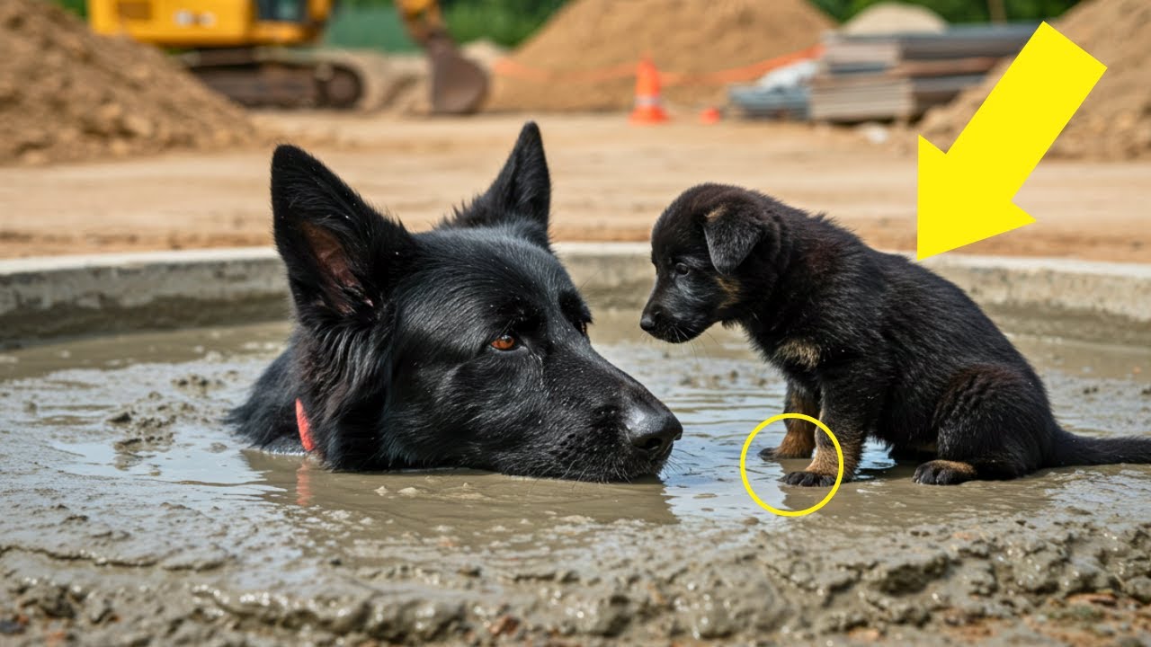 Un chiot Berger Allemand guide les ouvriers pour sauver sa mère coincée dans le béton. À pleurer.