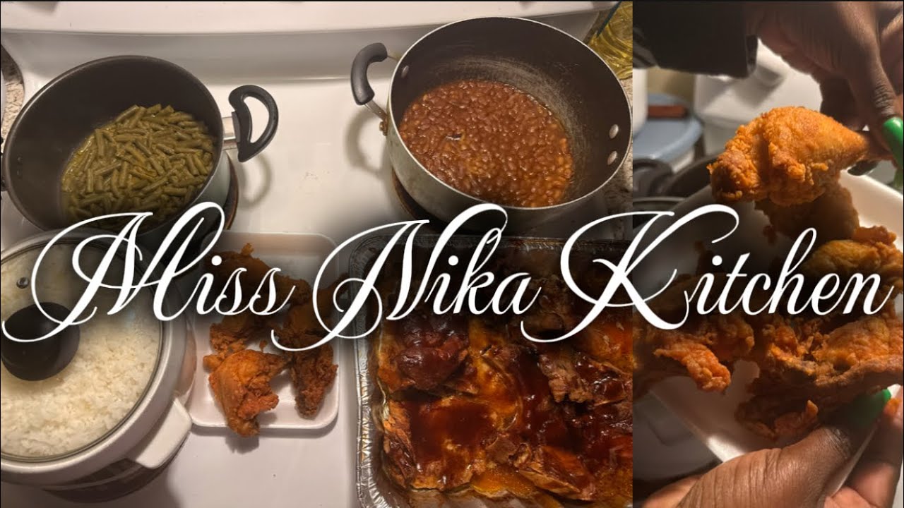 COOKING FOR A FAMILY OF THREE *||~ FRIED CHICKEN, PORK CHOPS, WHITE RICE, GREEN BEANS & BAKED BEANS 