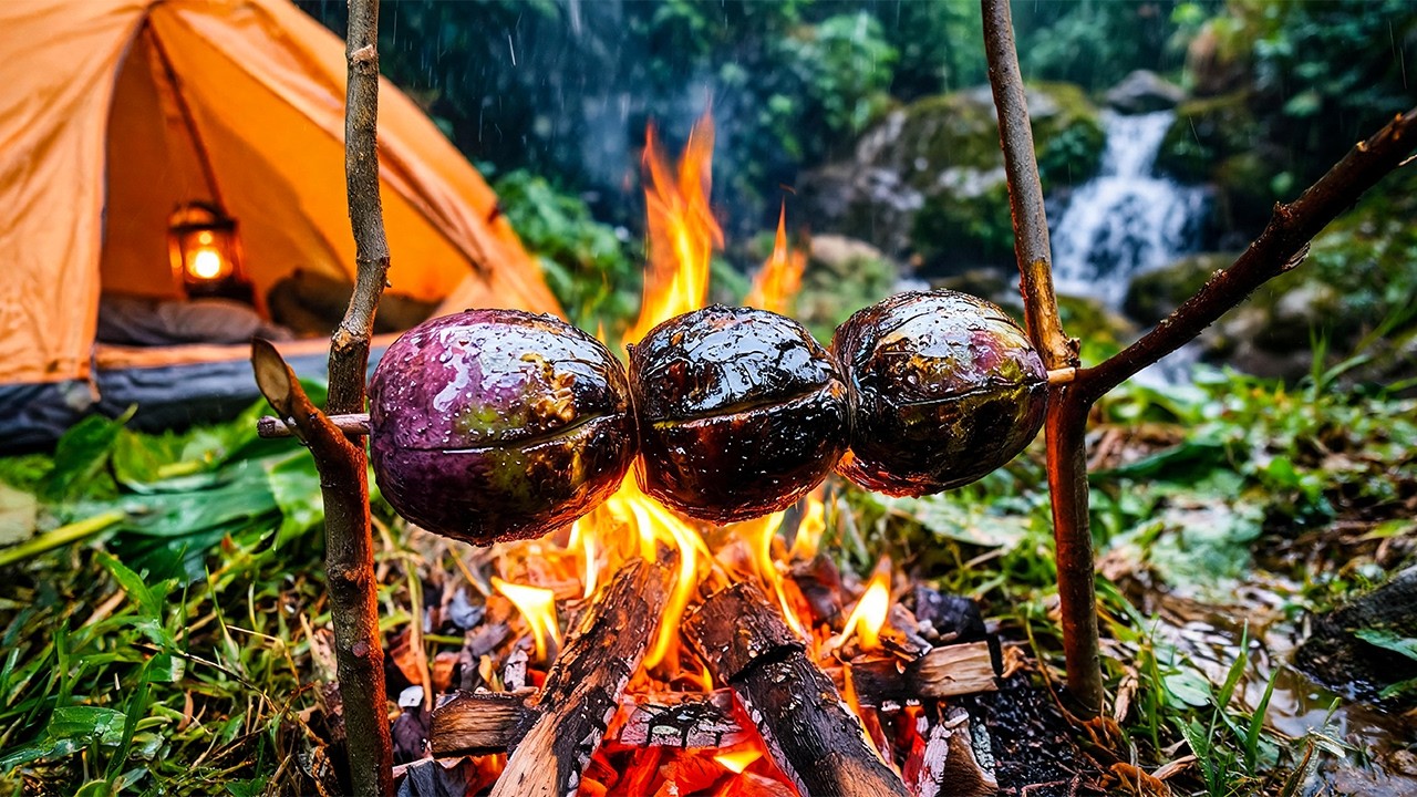 Roasting Eggplant in Heavy Rain | Bushcraft Campfire Cooking ASMR