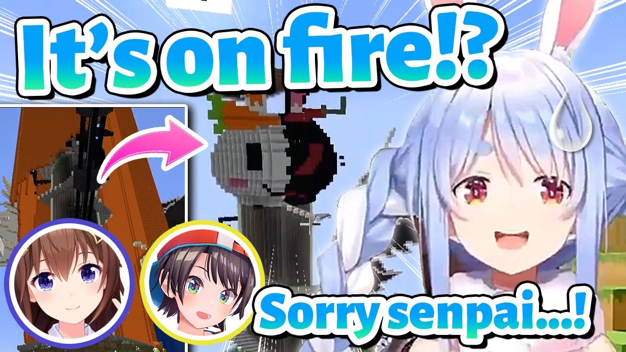 Pekora caught fire while trying to unveil her New Pekora Tower【Minecraft/Hololive Clip/EngSub】
