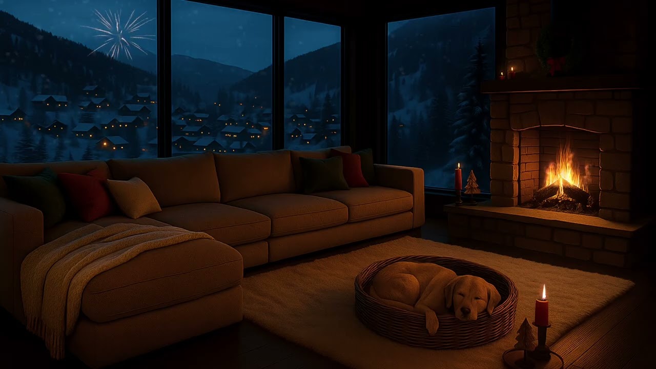 Cozy Winter Dog Cabin Fireplace Ambience 🕯️ Snowy Night in the Mountains | Relax, Read & Sleep 4K
