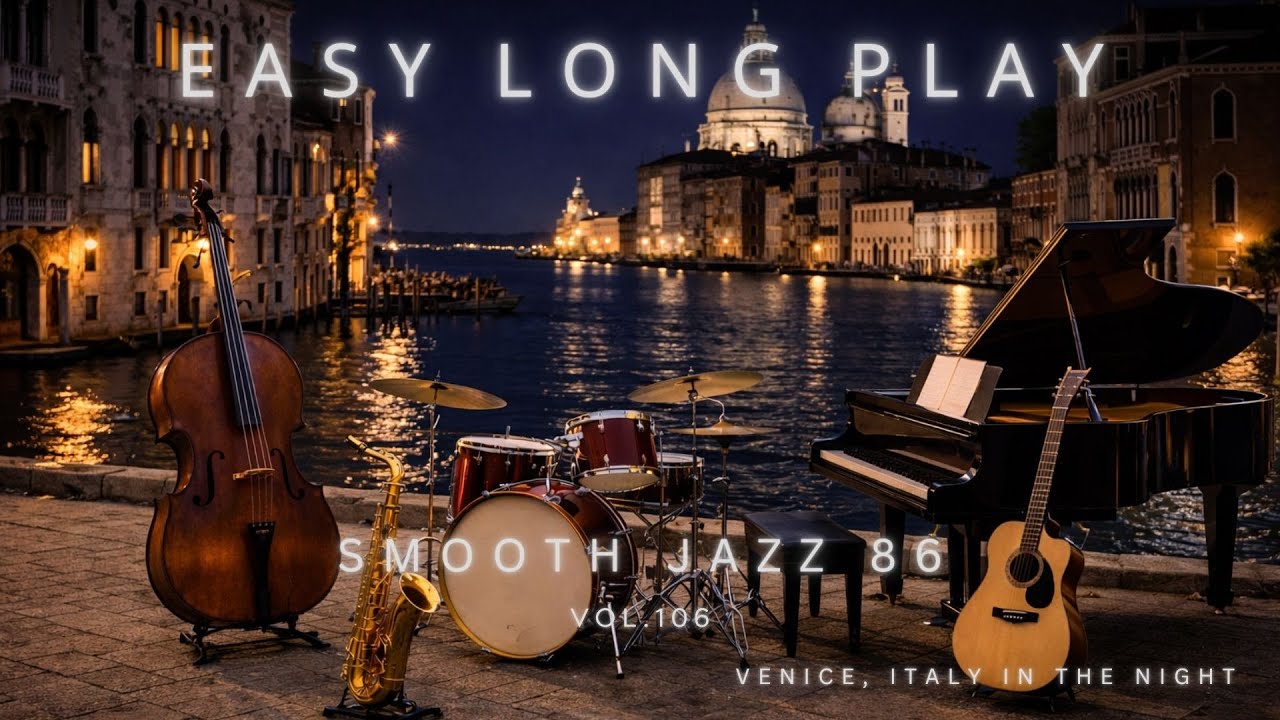 easy long play vol.106 #smooth jazz : Musical instruments by the lake at night, Venice, Italy.