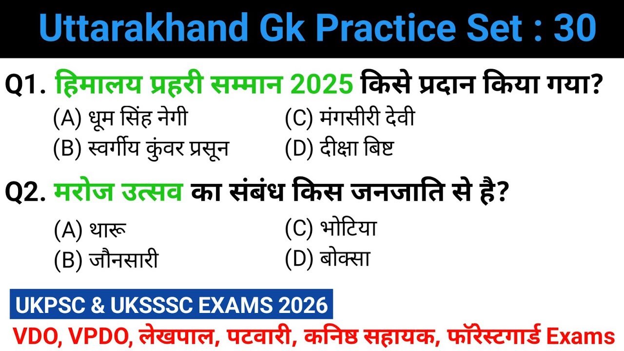 Uttarakhand GK practice set | 30 | Ukpsc/Uksssc Vdo, Lekhpal, Patwari, Forestguard, कनिष्ठ सहायक