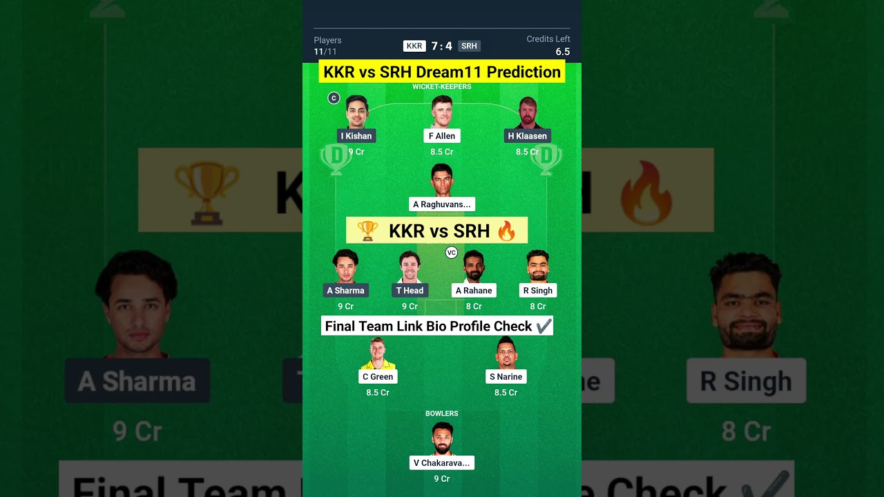 KKR vs SRH Dream11 Prediction | KKR vs SRH 2026 COMPARISON | SRH vs KKR Dream11 Prediction #ipl2026