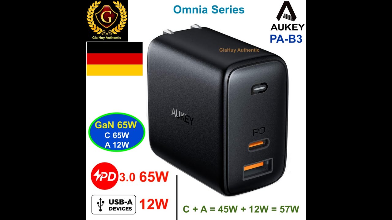 Củ sạc Macbook Pro 13'', iPad Pro, iPhone 12, Note 9, S9 AUKEY PA-B3 Omnia GaN PD 3.0 65W & AiQ 12W