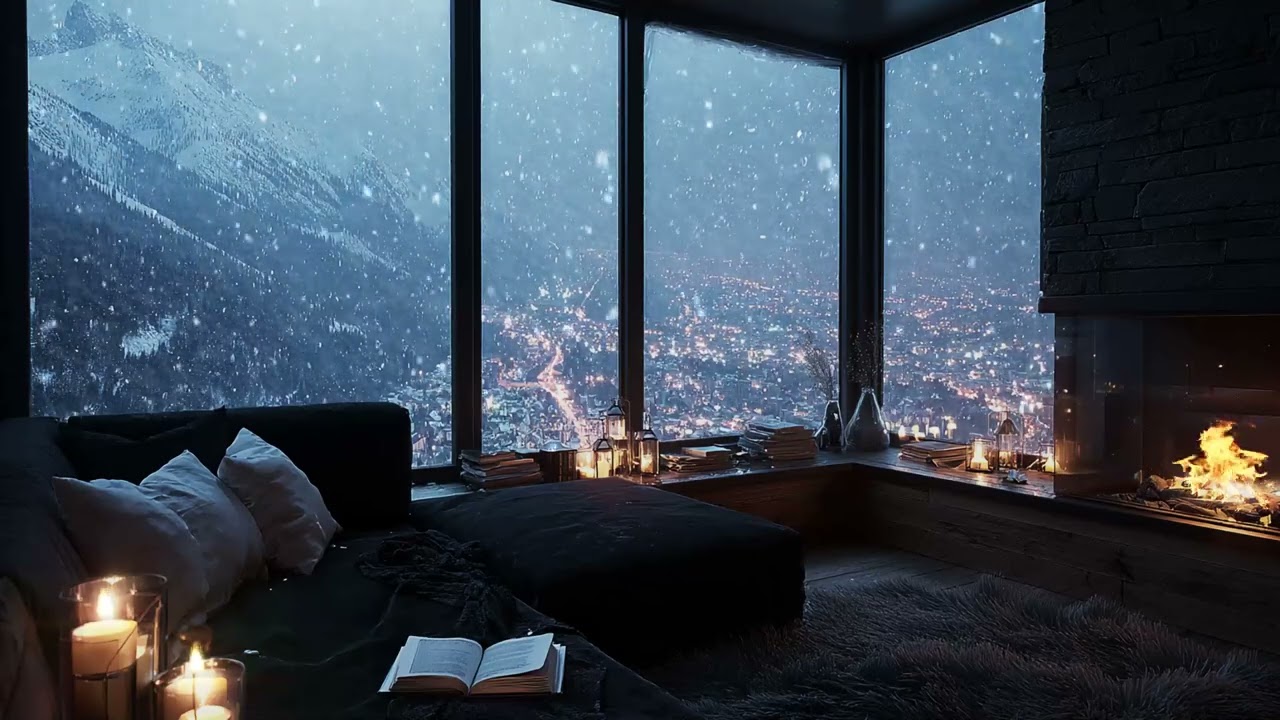 Deep Sleep ASMR with Winter Wind, Snowfall and Fireplace Ambience to Calm the Mind at Night
