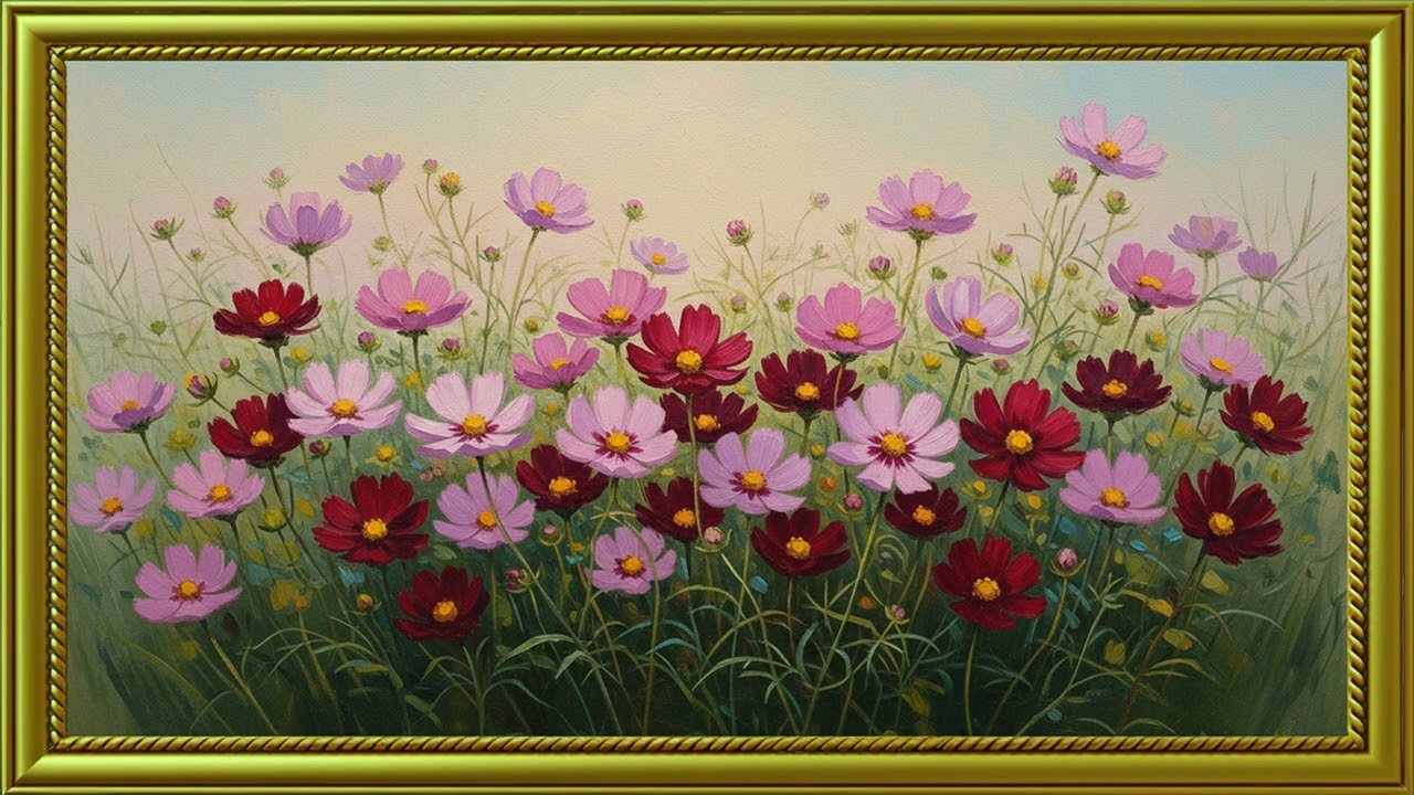 Blooming Cosmos Meadow | Classical Vintage Oil Painting Display