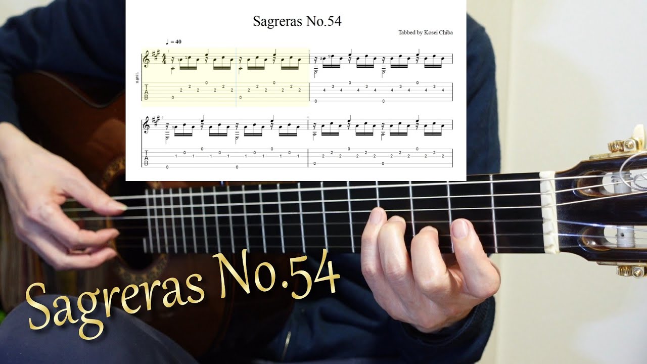《 Guitar Exercise 310 》 Fingerpicking　p-i-m-i-a-i-m-i　Playing slowly　♩=40　Sagreras No.54　TAB譜 ⇒ 概要欄