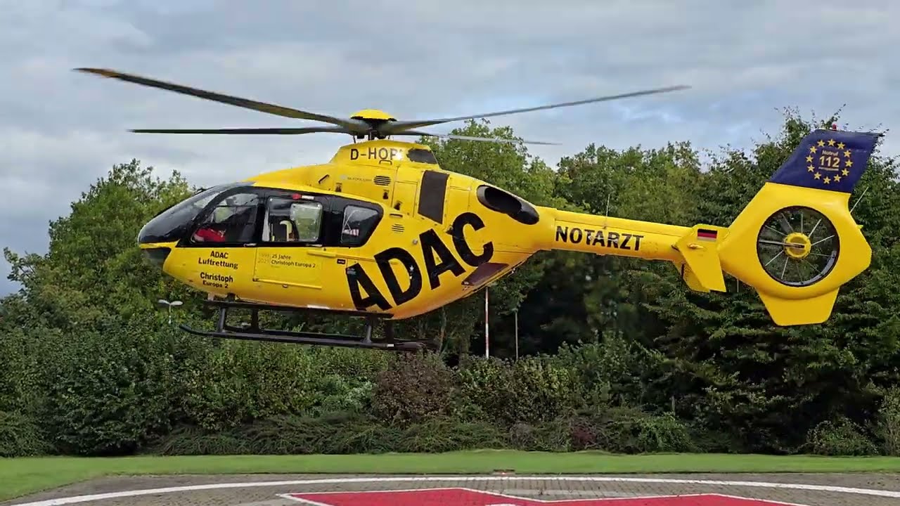 Start up and take-off D-HOPI H135 Christoph Europa 2 at Universit&auml;tsklinikum M&uuml;nster Germany