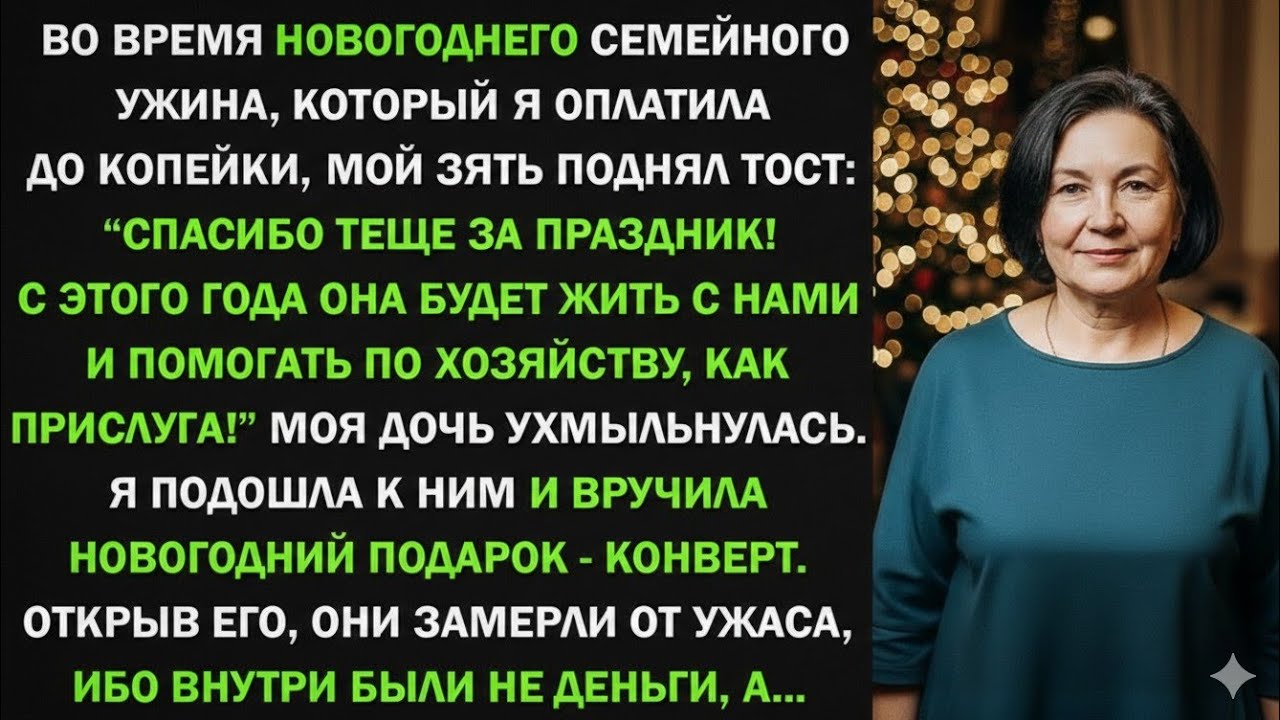 На новогоднем ужине, который я оплатила, зять назвал меня прислугой, но я ему преподнесла подарок