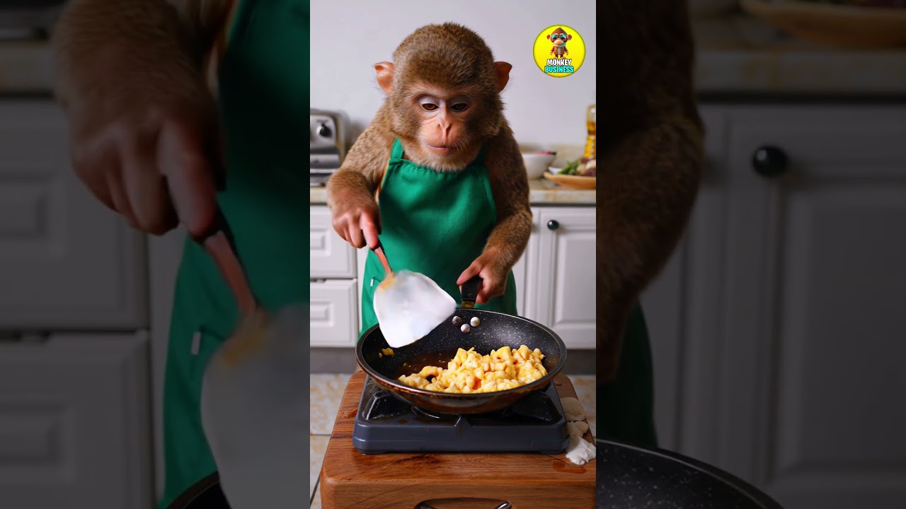Cute monkey cooking scrambled eggs for breakfast!😄🍳