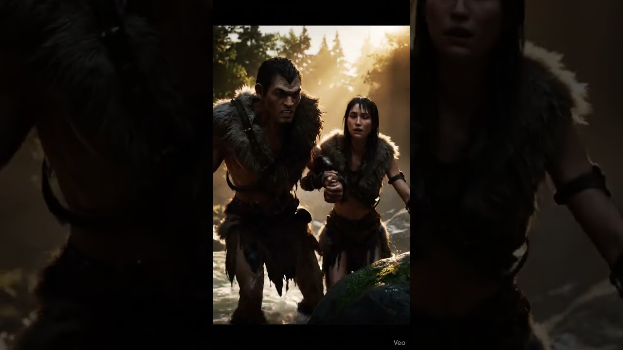 A prehistoric man and woman crossing a dangerous river