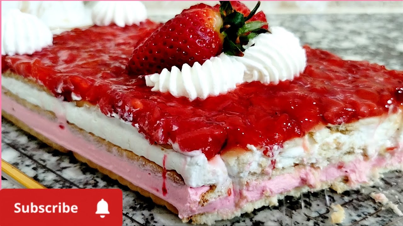 تحلية الفراولة الباردة بدون فرن في 10 دقائق بالكريمة والبسكويت 🍓 تحلية سهلة وسريعة وناجحة 100%
