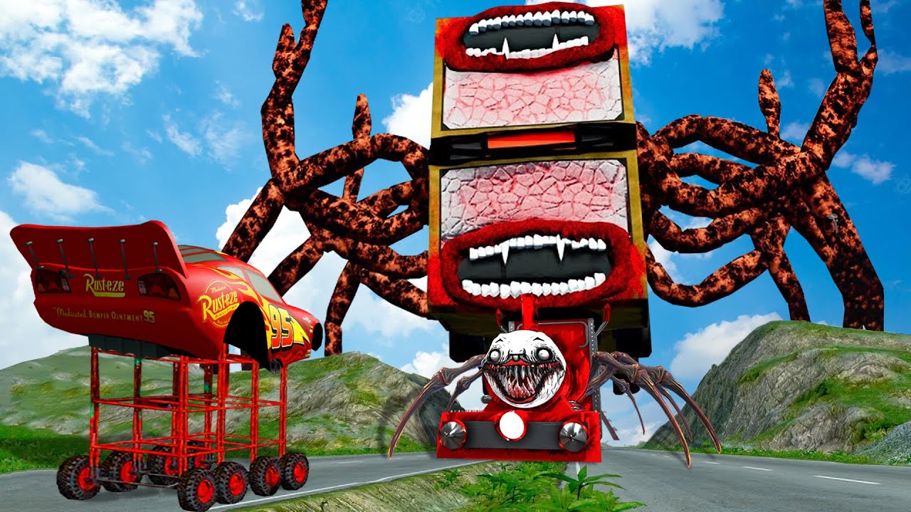 Big & Small Lightning Mcqueen Long Wheels vs Choo-Choo Charles vs BUS EATER | BeamNG.Drive