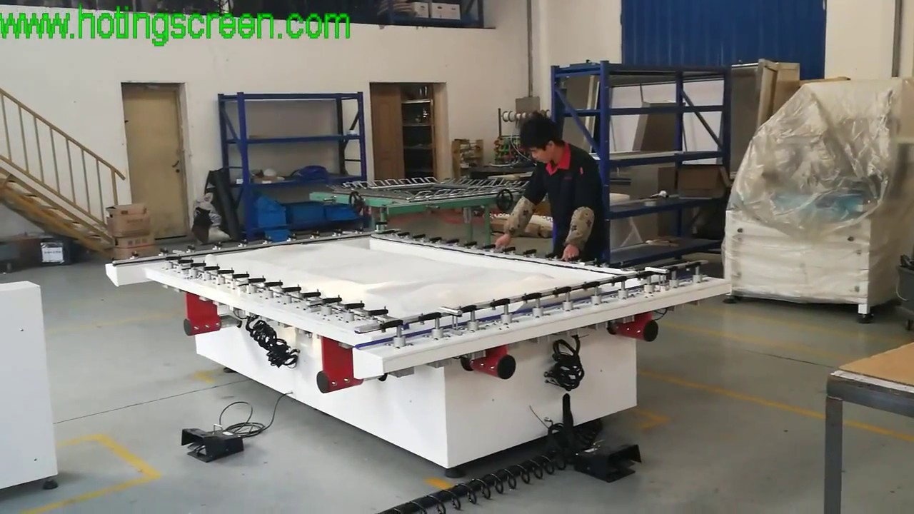 How to stretch large format screens by Hoting electric mesh stretcher with pneumatic clamps