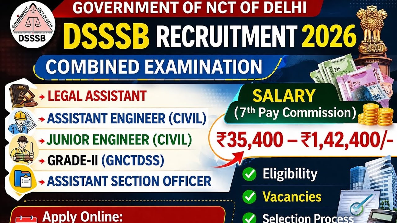 DSSSB Recruitment 2026 | Combined Examination | Legal Assistant, Assistant Engineer,  | 7th Pay