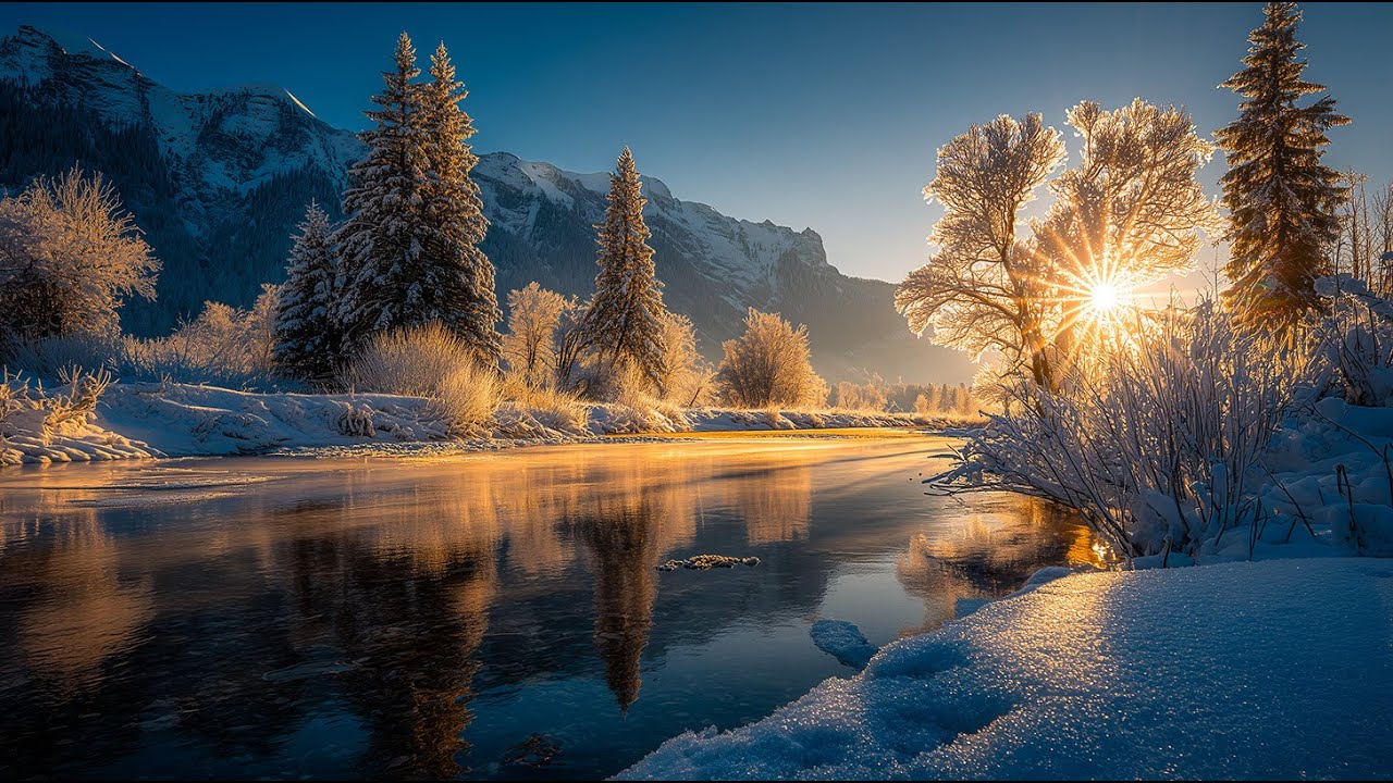 Вы присутствуете на золотом зимнем рассвете ❄️🌊 Мягкие звуки пианино и реки замедляют время
