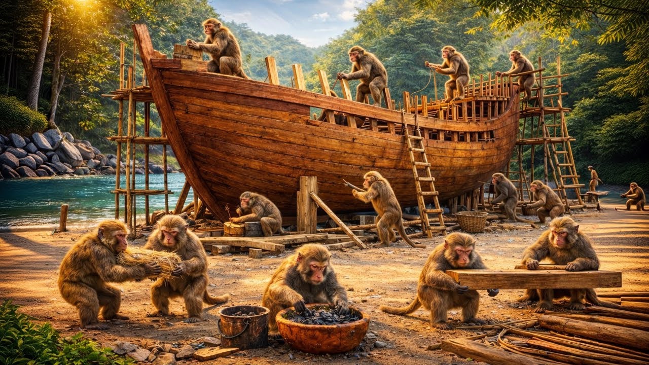 Highly Skilled Monkeys Build a Wooden Ship from Scratch | Relaxing Jungle Survival