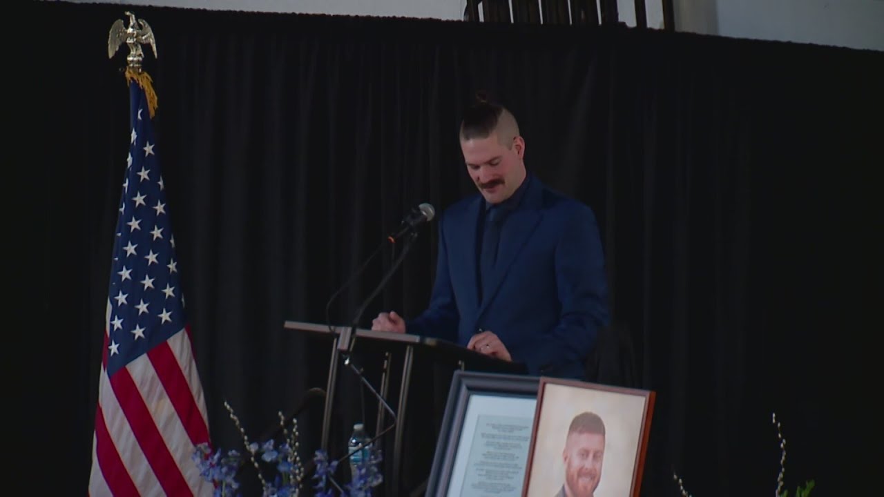 Joshua Shrum, Brian Elliott's friend, speaks at Elliott's funeral