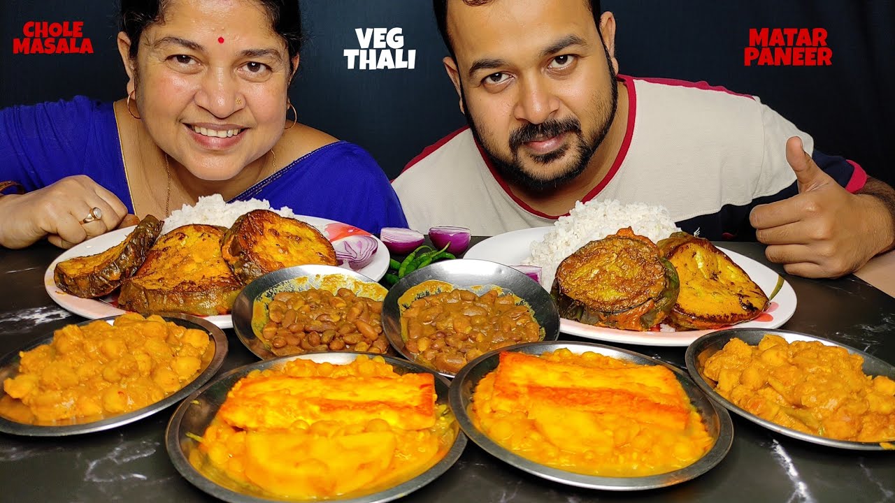 MATAR PANEER,CHOLE MASALA,RAJMA,BRINJAL FRY WITH RICE MUKBANG EATING SHOW | PURE VEG THALI EATING