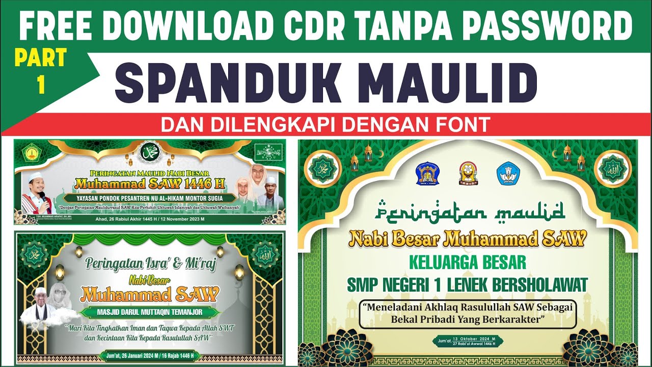 Free Design Spanduk Maulid Nabi Muhammad SAW 1446 H | CDR + Font