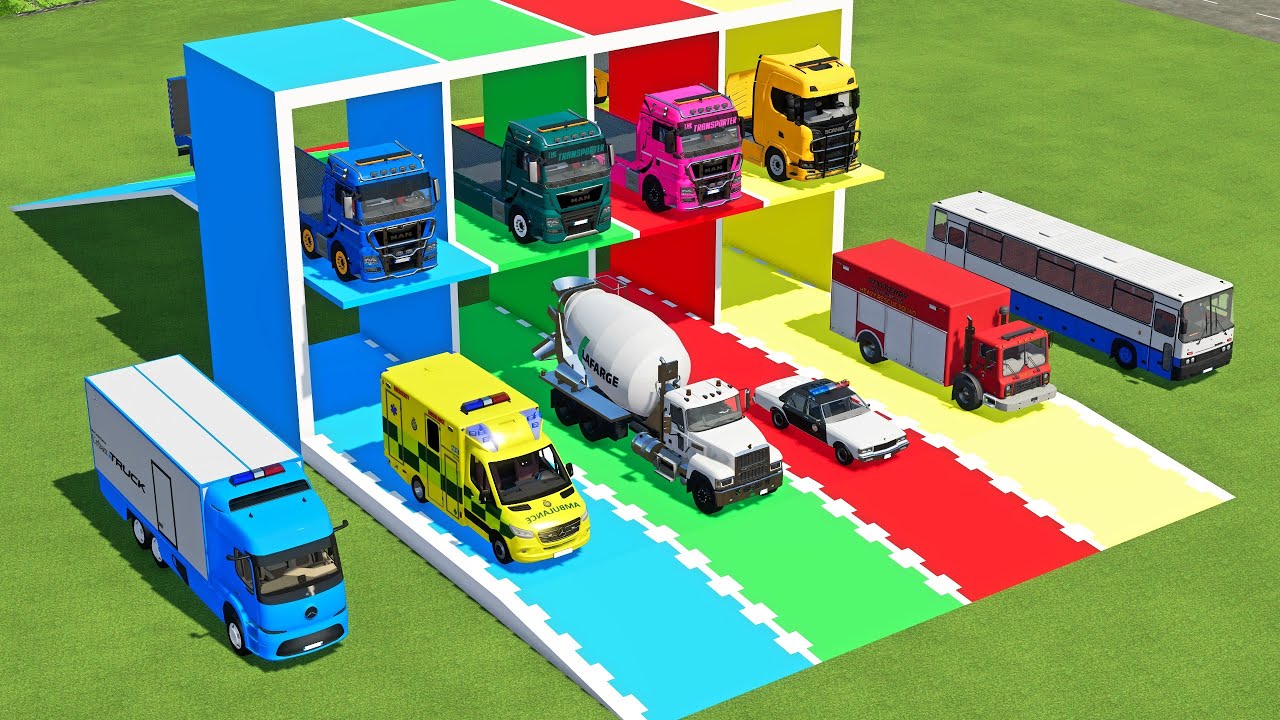 TRANSPORTING MIXER TRUCK, FIRE TRUCK, FIRE DEPARTEMENT, FORD POLICE, AMBULANCE WITH TRUCKS ! FS22