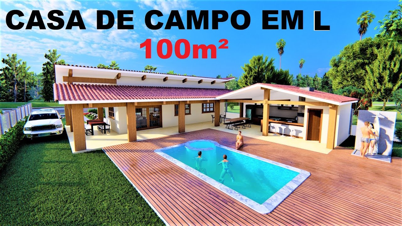 CASA DE CAMPO EM L - CHÁCARA - Compre o Projeto na Descrição - P359