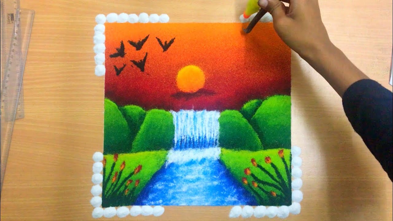 Beautiful and Easy Waterfall  Poster Rangoli | Nature View Poster rangoli | Its About Interest