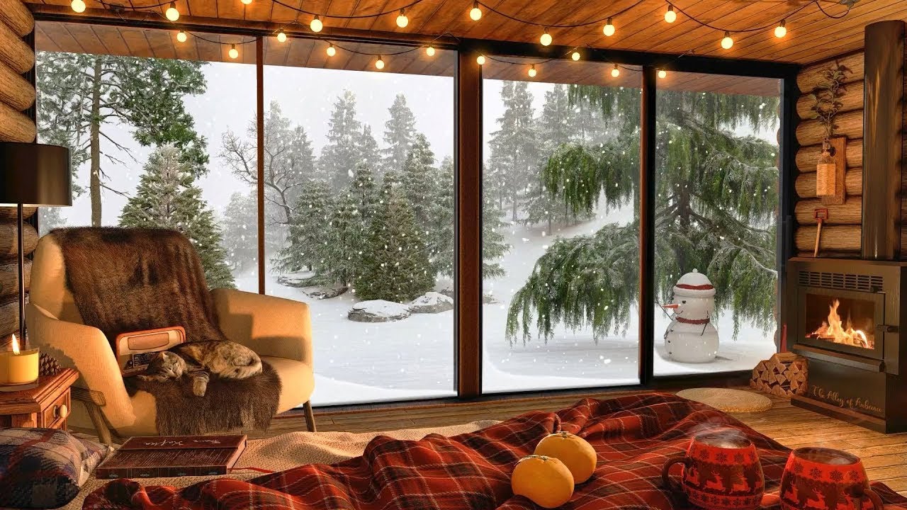 Cozy Winter Cabin Ambience - Crackling Fireplace & Wind for Sleep (4K)