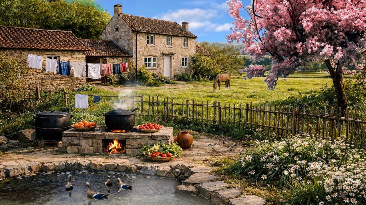 Peaceful Countryside Kitchen | Spring Farm Cooking by the Pond & Nature Sounds