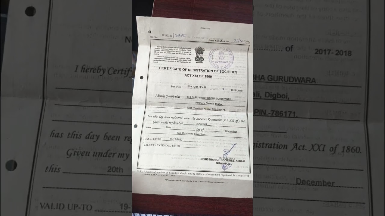 Old Society Registration Certificate Assam Demo || Demo Society Registration Certificate of Assam