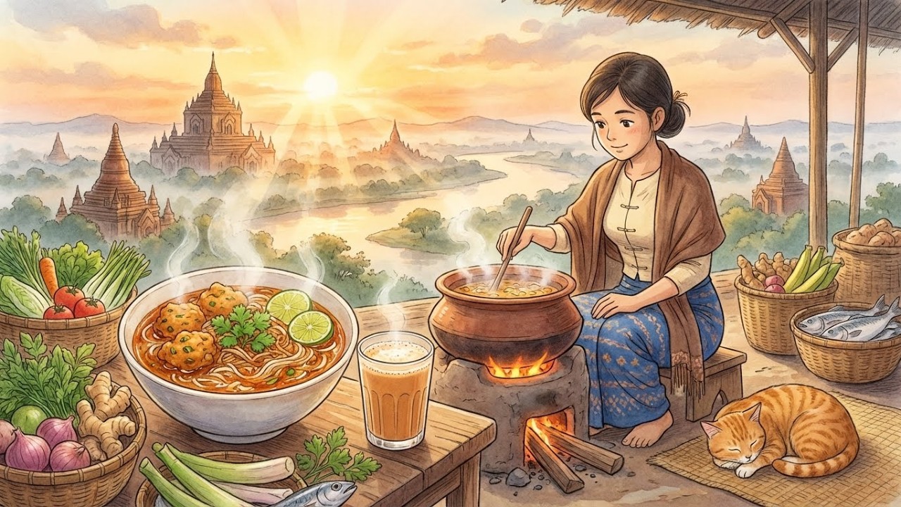 Misty Temples, Comfort Soup 🍜 | Mohinga Morning Routine in Myanmar (Ghibli ASMR)