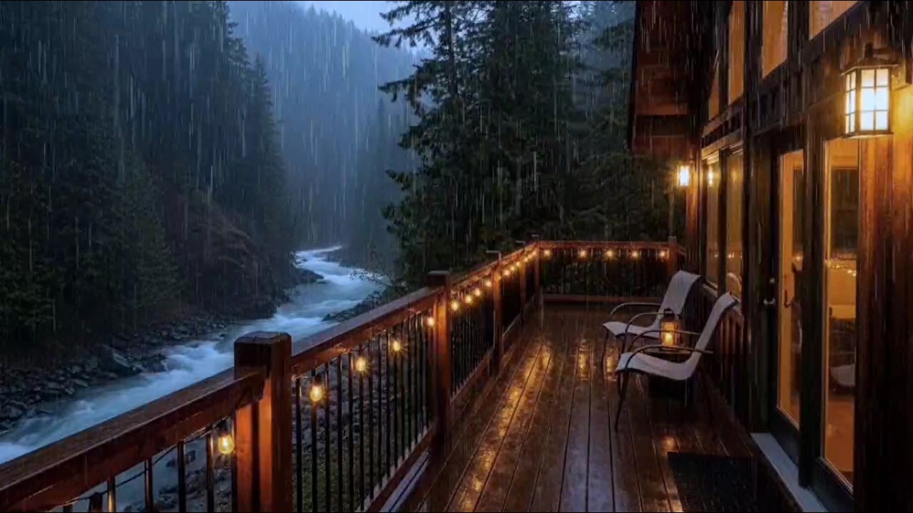 Cozy Rain Night in a Riverside Wooden Cabin 🌧️