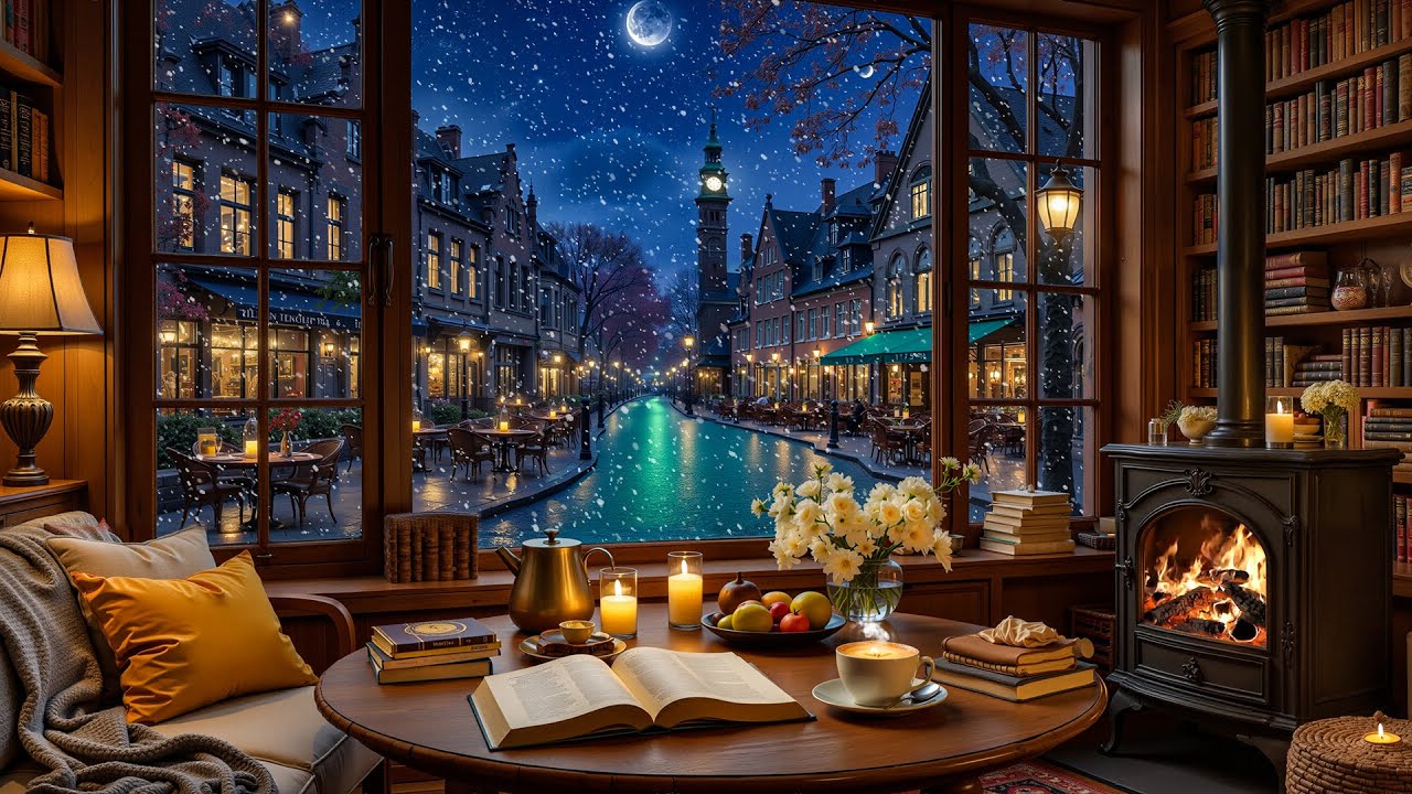 Winter Coffeehouse Ambience ❄️ Gentle Jazz & Cozy Firelight for Reading & Calm Nights