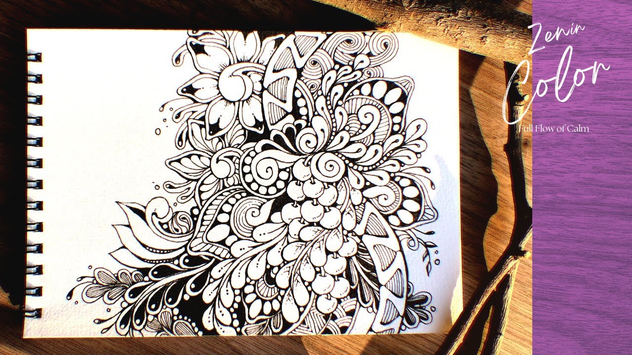 Relaxing Zentangle Drawing  Slow & Calm Black‑Ink Line Art