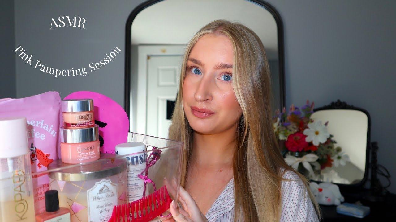 [ASMR] Pink Pampering Session: Candle, Skincare, Hair Brushing, Layered Sounds 