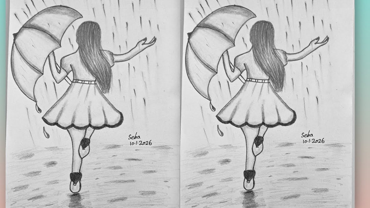 Girl Enjoying in the rain 🌧 drawing Ideas | step by step ⛱️ 
