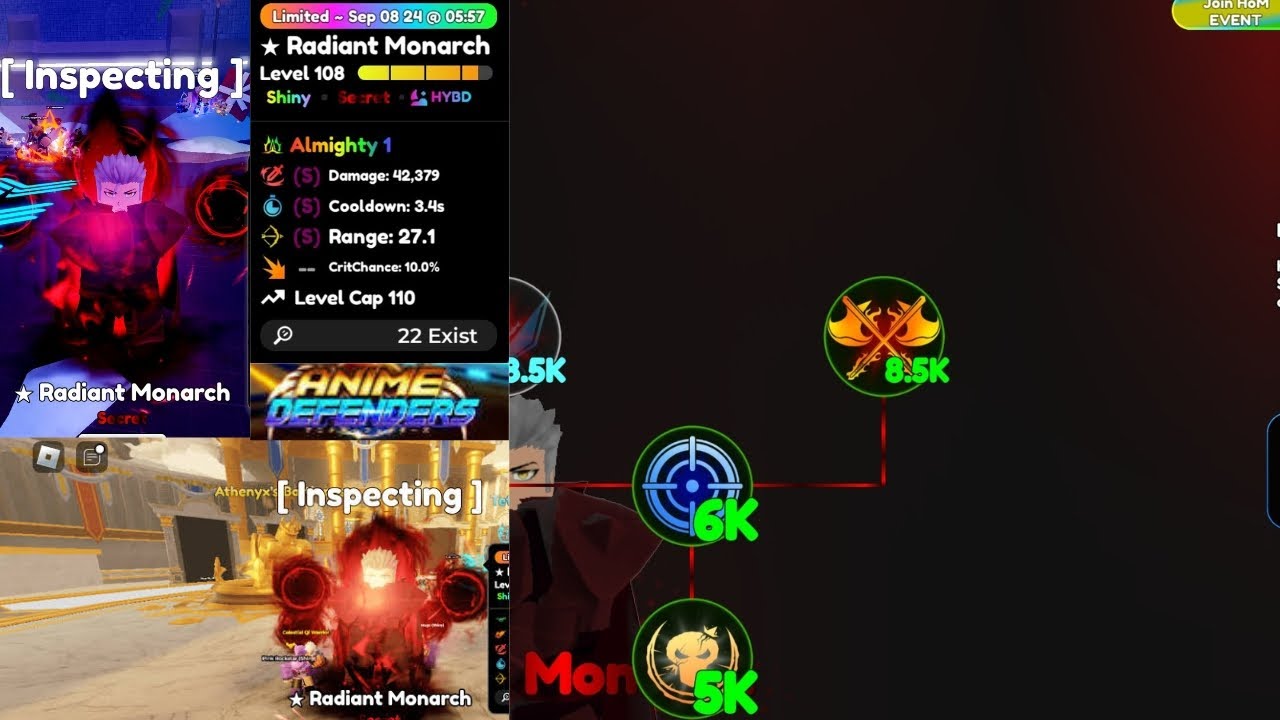 Shiny Radiant Monarch showcase in Anime Defender (SSS) Max skill tree Insane damage 500k+💀