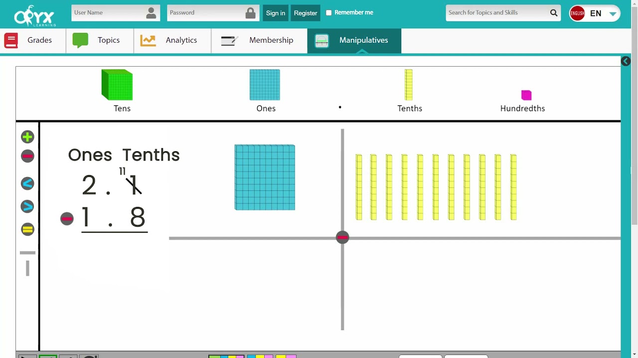 Base Ten Blocks - Subtract Decimal Numbers