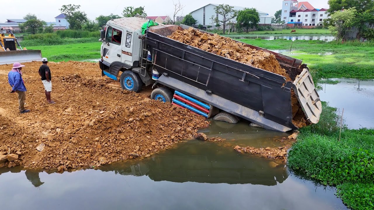Wow Incredible Fill Land Job!! Dump Truck 25Ton Back Uploading overturned, Bulldozer SHANTUI Rescue…
