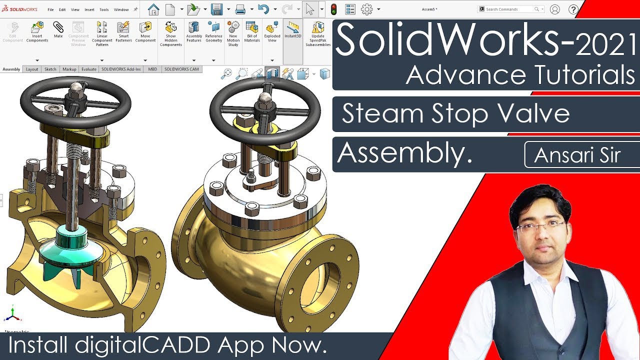 Steam Stop Valve Assembly in SolidWorks || SolidWorks Full Course || SolidWorks Assembly Tutorials.