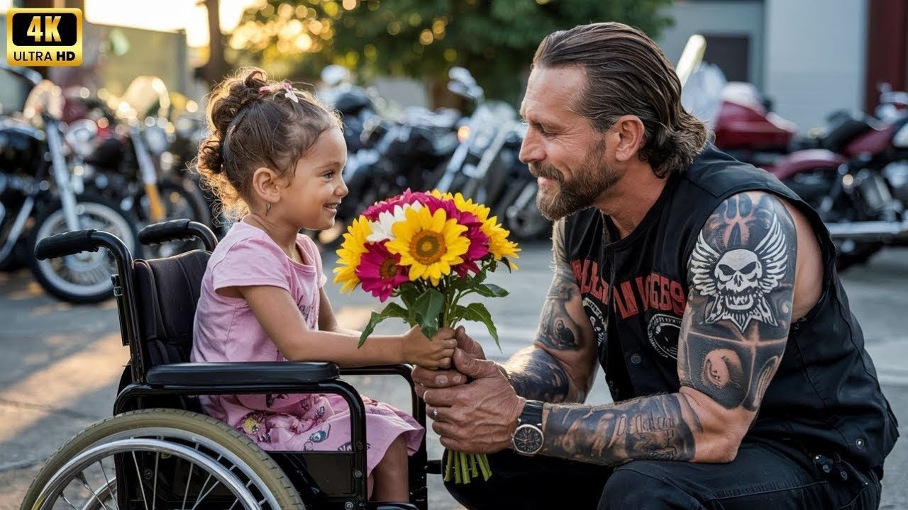 Gelähmtes kleines Mädchen überreicht einem Hells Angel Blumen, am nächsten Tag bringen 200 Biker sie