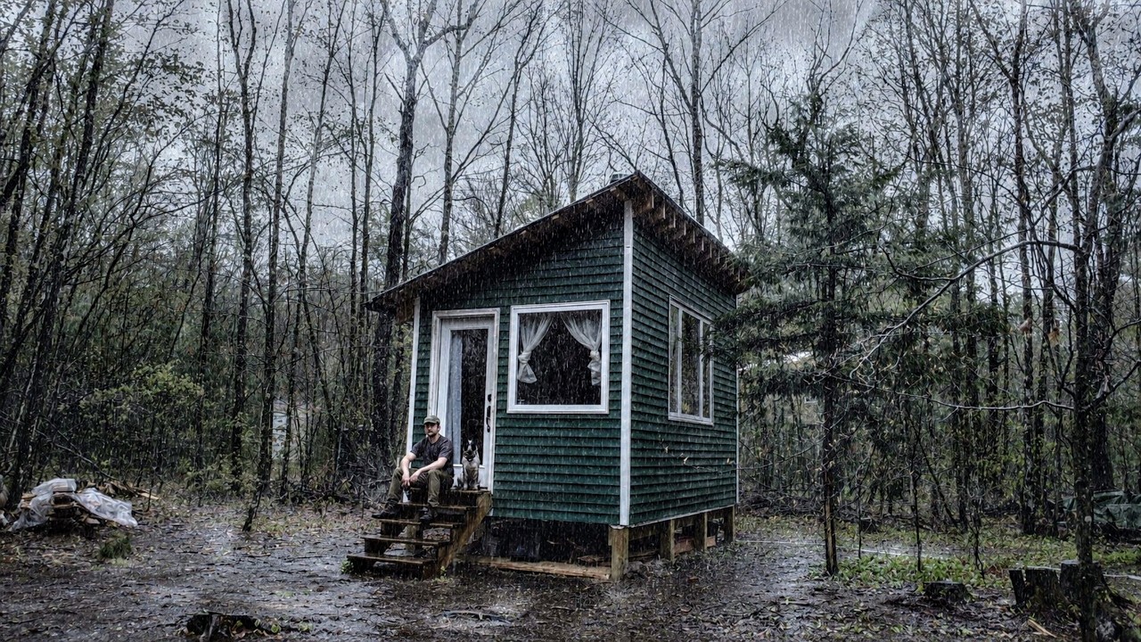Heavy Rain at the Tiny Cabin (Solo Cabin Stay with Dog)